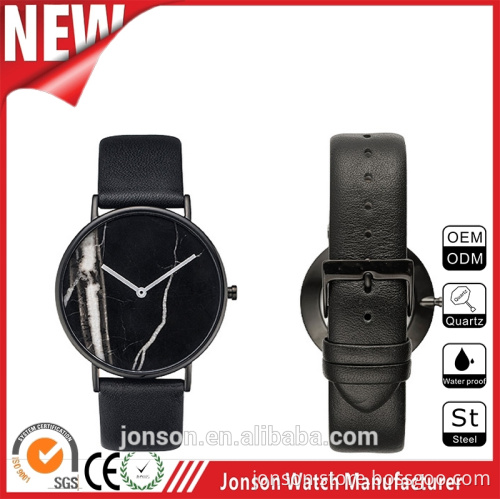 Black genuine leather strap custom watch manufacture men stainless steel watch minimal